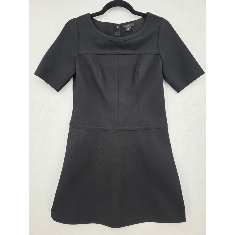 Ann Taylor Petite Black Ponte Knit Fit and Flare Short Sleeve Dress 4P Career